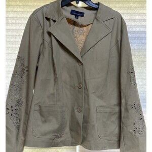 Susan Graver Style Womens Tan Jacket Coat Large Embroidered Black and Sleeves